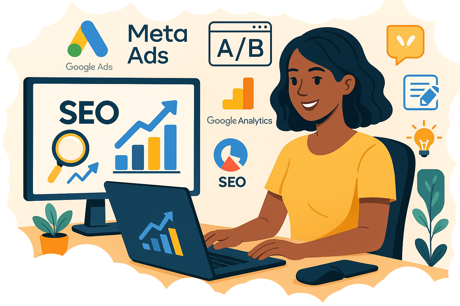 Woman sitting at a desk working on a laptop, surrounded by digital marketing icons and charts including SEO, Google Ads, Meta Ads, Google Analytics, and A/B testing. The environment is bright and modern, conveying a professional and optimistic tone. On the computer monitor, the text SEO appears with a magnifying glass and upward-trending graph. Other visible text includes Google Ads, Meta Ads, Google Analytics, SEO, and A/B. Lightbulb and plant icons add a creative and fresh atmosphere.